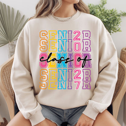 Senior Class of 2027 Colorful Retro T-Shirt, Stacked Varsity Letters Pastel Graduation Tee