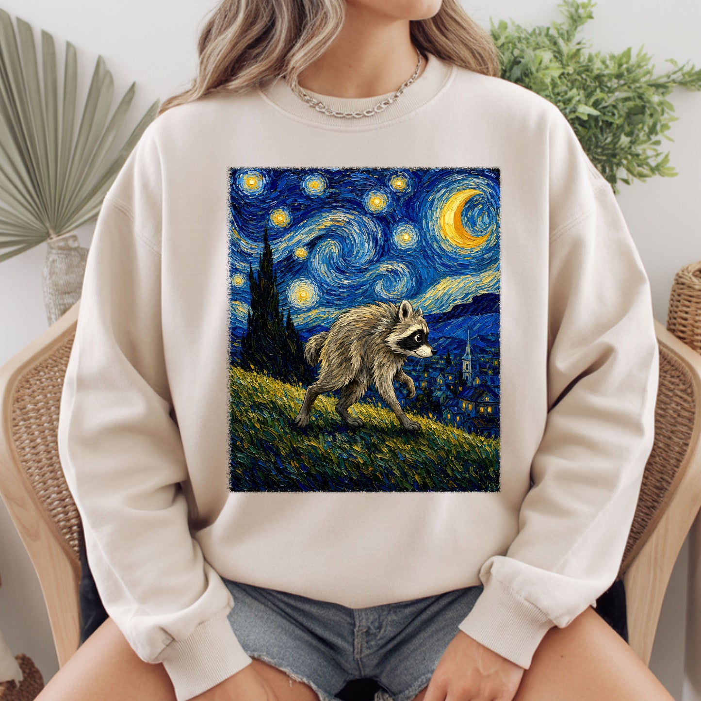 Starry Night Raccoon T-Shirt, Van Gogh Style Oil Painting Funny Wildlife Art Tee