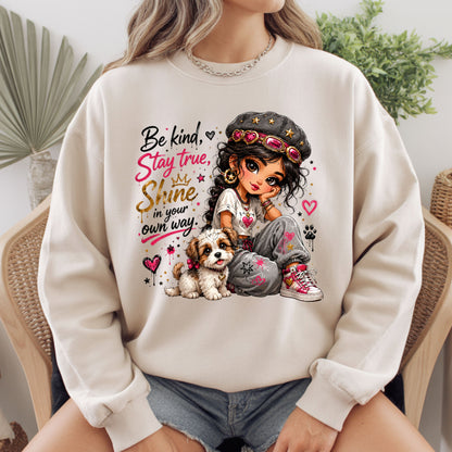 Inspirational Be Kind Stay True Puppy T-Shirt, Cute Crown Heart Girl Women Kids Tee