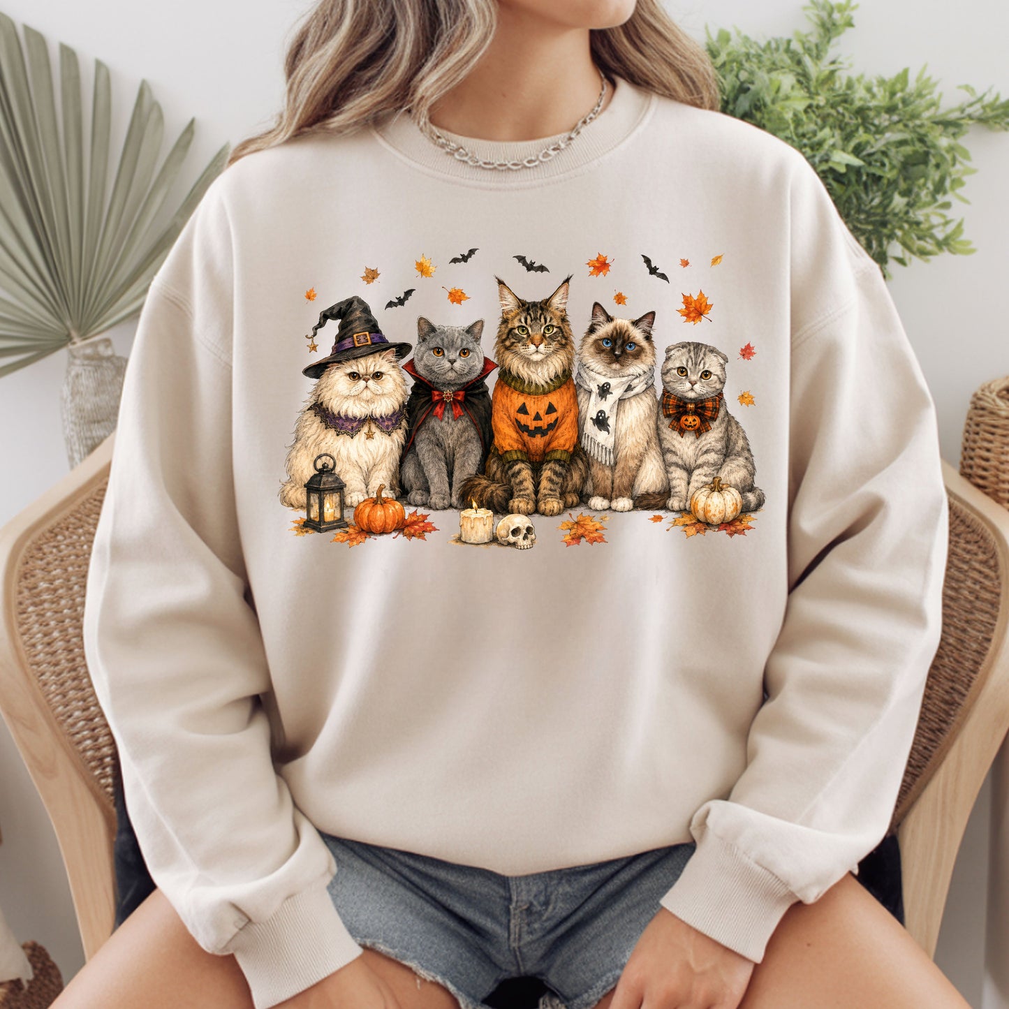 Halloween Cats Comfort Colors T Shirts Cute Witchy Kitty Sweater Tee Spooky Pumpkin Vampire Cat Shirt Autumn Fall Leaves Graphic Gifts