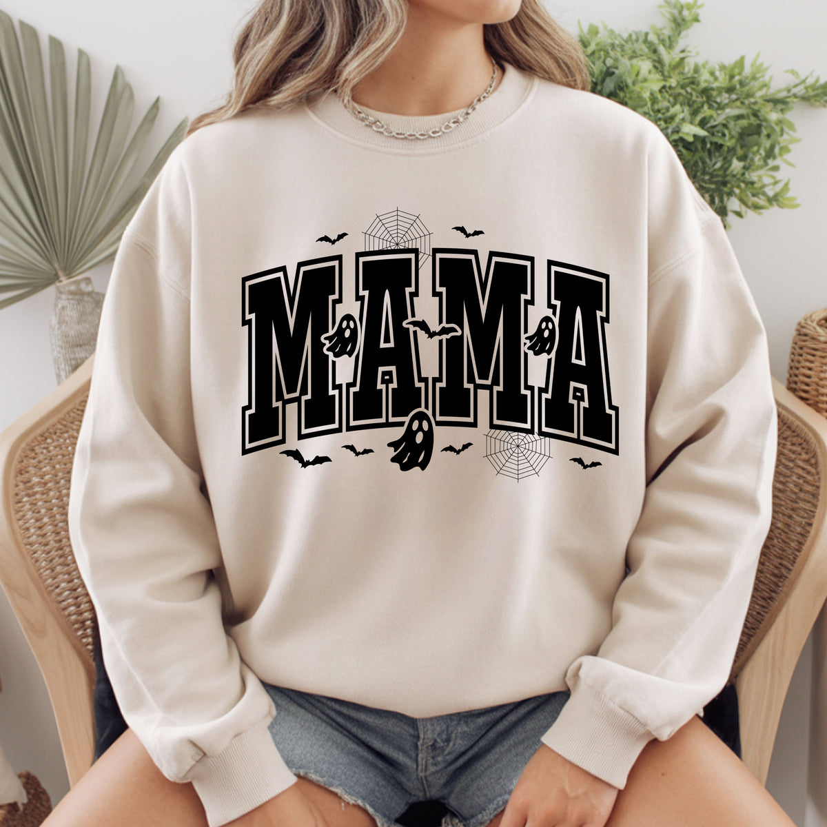 Mama Halloween Spooky Ghost Bats T-Shirt, Varsity Cute Mom Tee