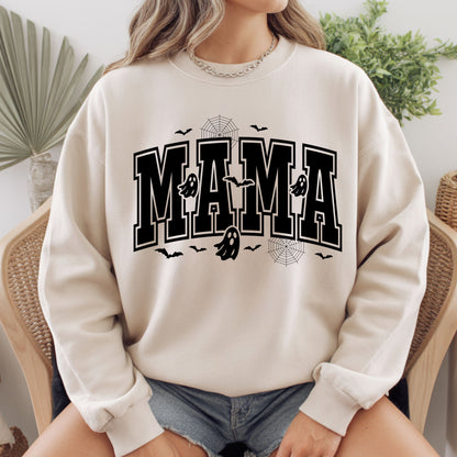 Mama Halloween Spooky Ghost Bats T-Shirt, Varsity Cute Mom Tee