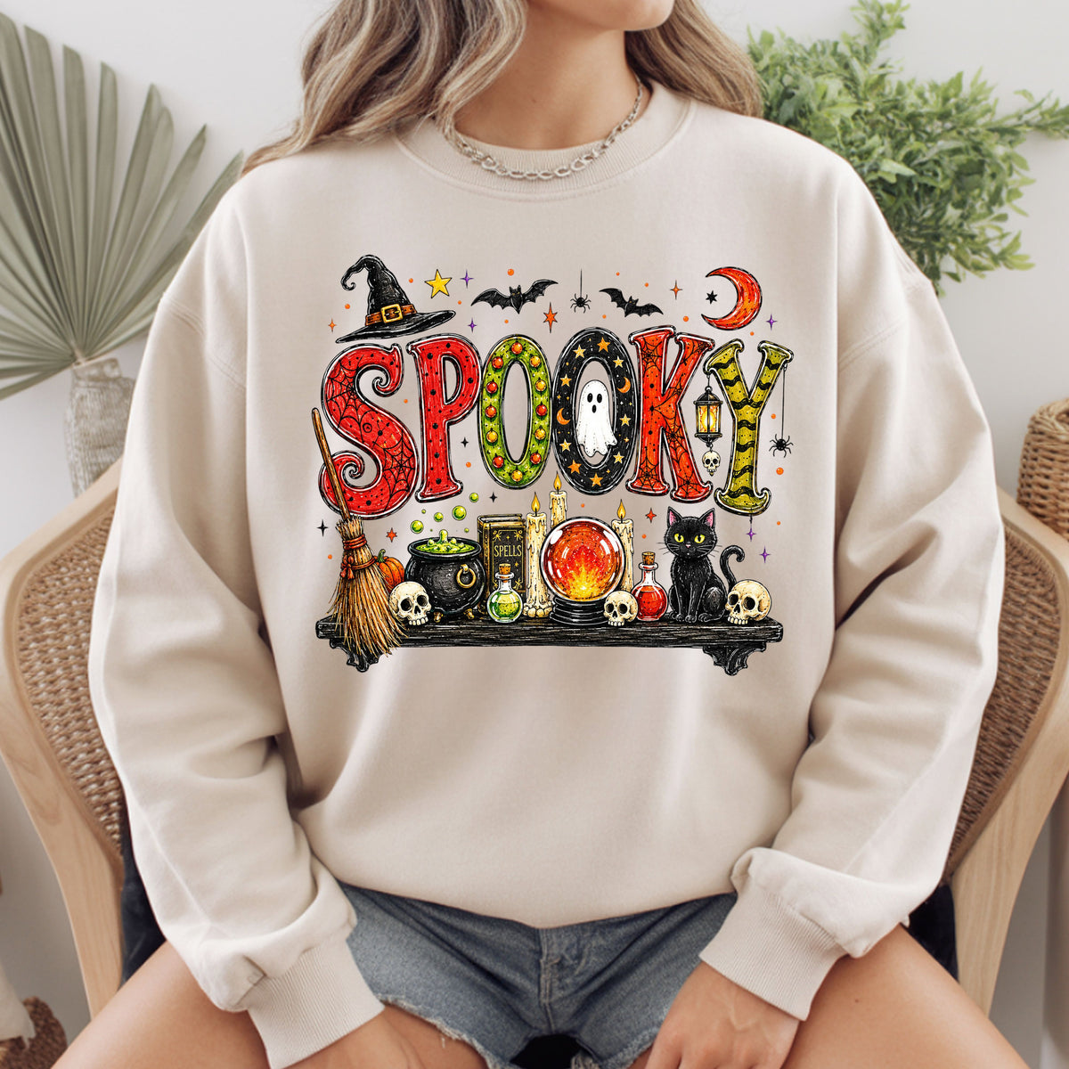Halloween Witch Shelf Black Cat T-Shirt, Crystal Ball Cauldron Potion Skull Spooky Tee