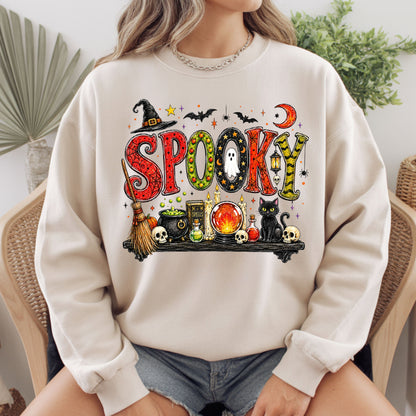 Halloween Witch Shelf Black Cat T-Shirt, Crystal Ball Cauldron Potion Skull Spooky Tee