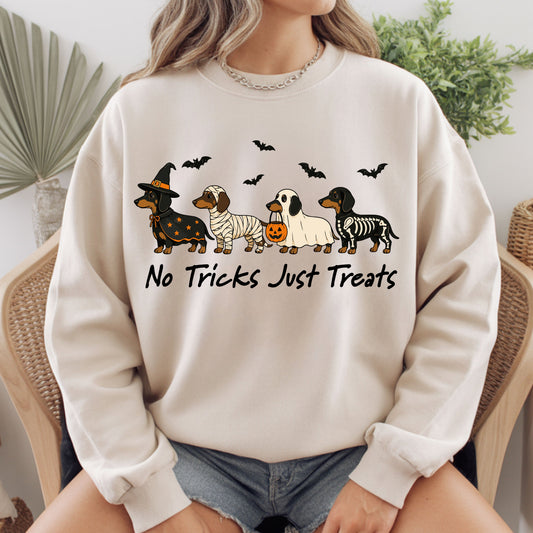 Dachshund Halloween Comfort Colors T Shirts No Tricks Just Treats Costume Tee Cute Ghost Mummy Witch Skeleton Dog Shirt Spooky Wiener Dog Hoodie