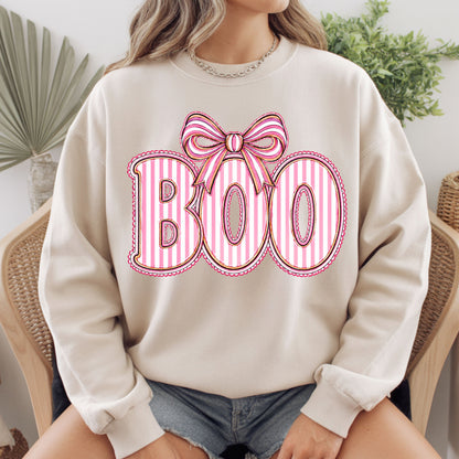 Boo Coquette Pink Bow Halloween T-Shirt, Striped Ribbon Cute Spooky Season Tee