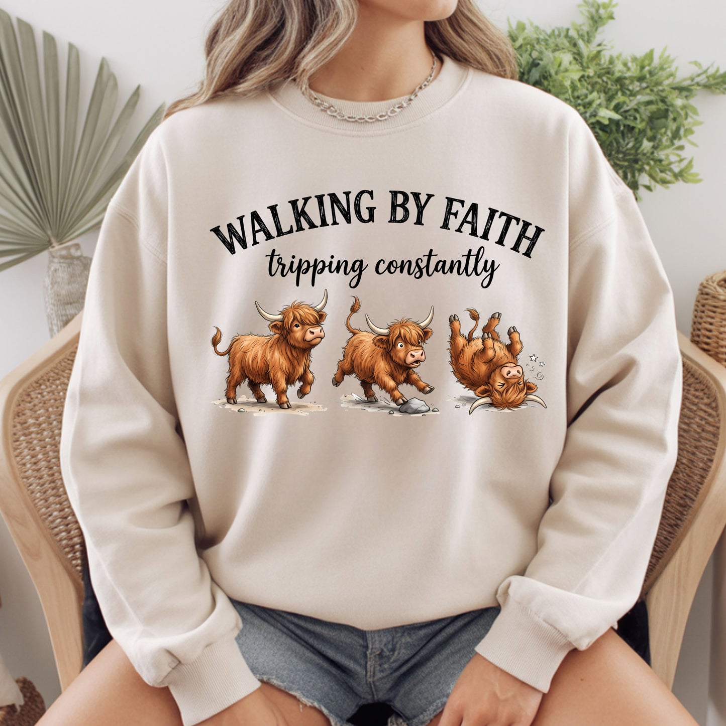 Walking by Faith Highland Cow T-Shirt, Tripping Constantly Funny Christian Quote Tee