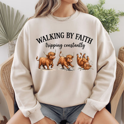 Walking by Faith Highland Cow T-Shirt, Tripping Constantly Funny Christian Quote Tee
