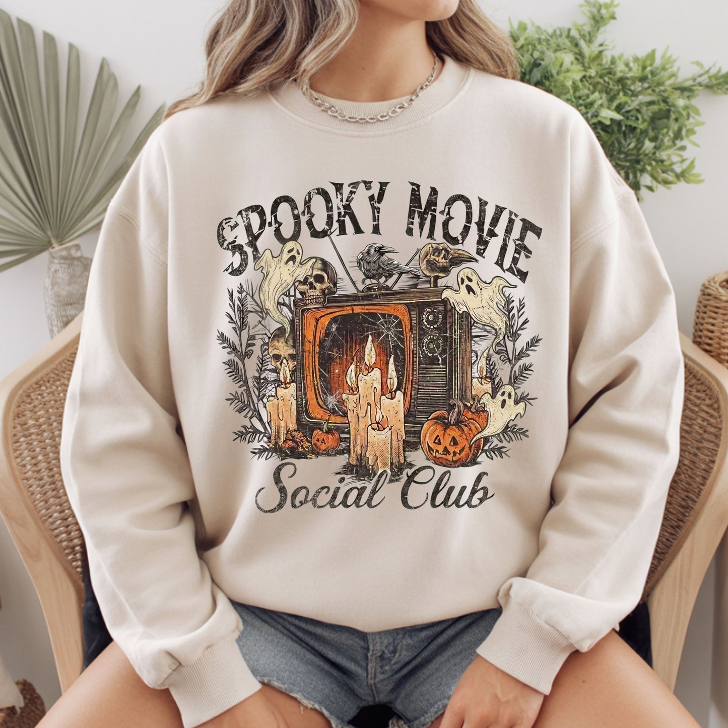 Spooky Movie Social Club Vintage Horror T-Shirt, Ghosts Pumpkin Candles Halloween Tee