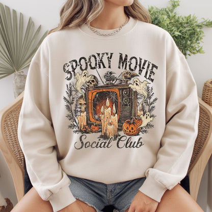Spooky Movie Social Club Vintage Horror T-Shirt, Ghosts Pumpkin Candles Halloween Tee