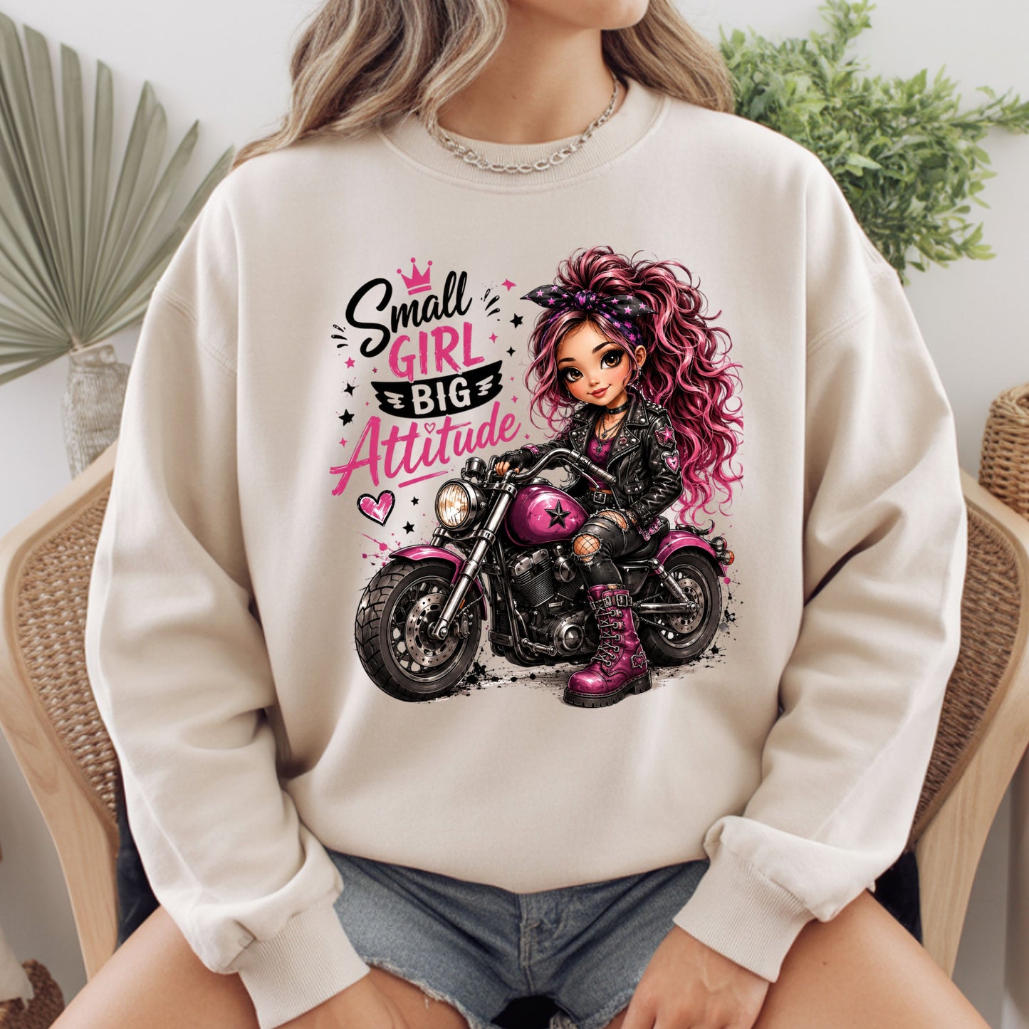 Small Girl Big Attitude Biker Girl T-Shirt, Pink Motorcycle Cute Rocker Tee