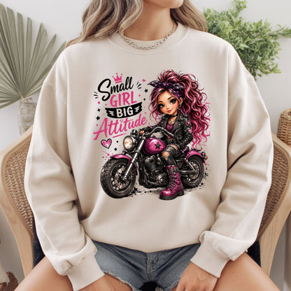 Small Girl Big Attitude Biker Girl T-Shirt, Pink Motorcycle Cute Rocker Tee