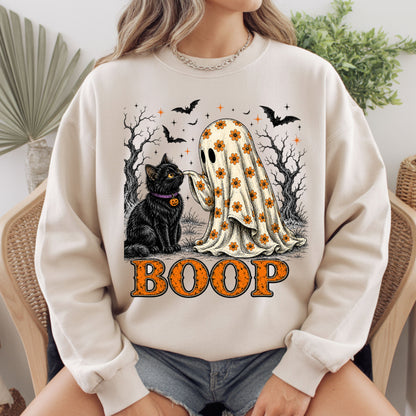 Halloween Cute Ghost Boop Black Cat T-Shirt, Floral Sheet Bats Spooky Season Tee