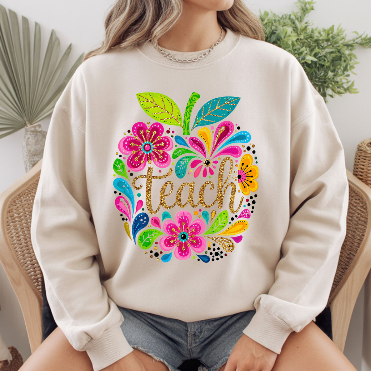 Teacher Teach Floral Apple T-Shirt, Colorful Back to School Teacher Life Tee