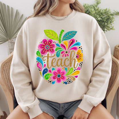 Teacher Teach Floral Apple T-Shirt, Colorful Back to School Teacher Life Tee