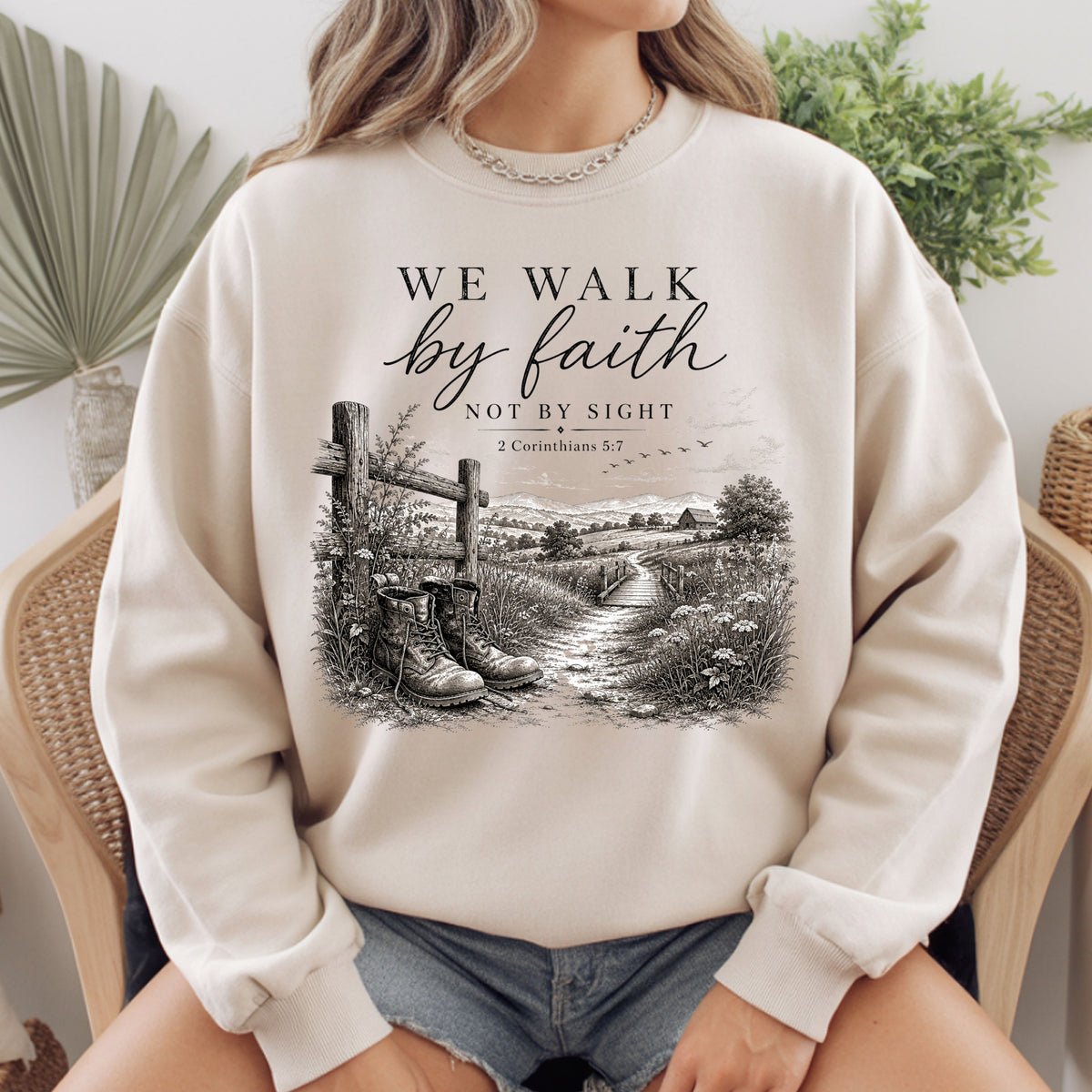 We Walk by Faith Not by Sight Christian T-Shirt, 2 Corinthians 5:7 Boots Country Road Tee