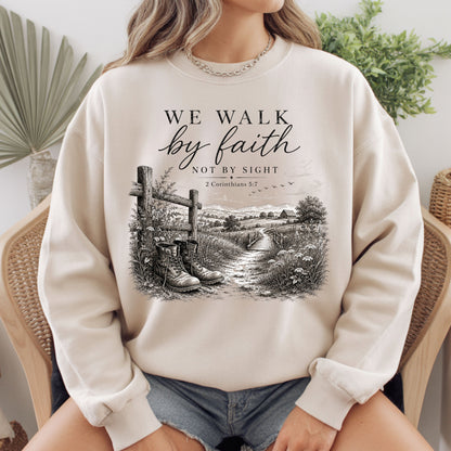 We Walk by Faith Not by Sight Christian T-Shirt, 2 Corinthians 5:7 Boots Country Road Tee