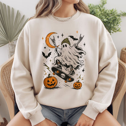 Halloween Skater Ghost Rock On T-Shirt, Skateboarding Skeleton Crescent Moon Pumpkins Bats Tee