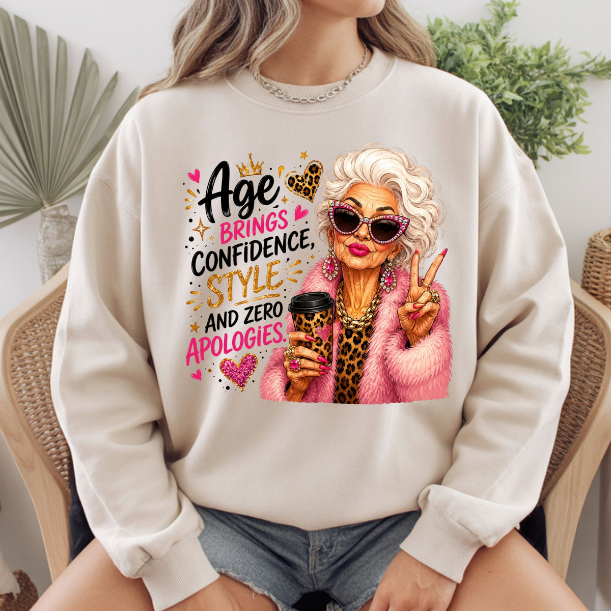 Age Brings Confidence Senior Woman T-Shirt, Fabulous Glam Leopard Coffee Comfort Color Tee