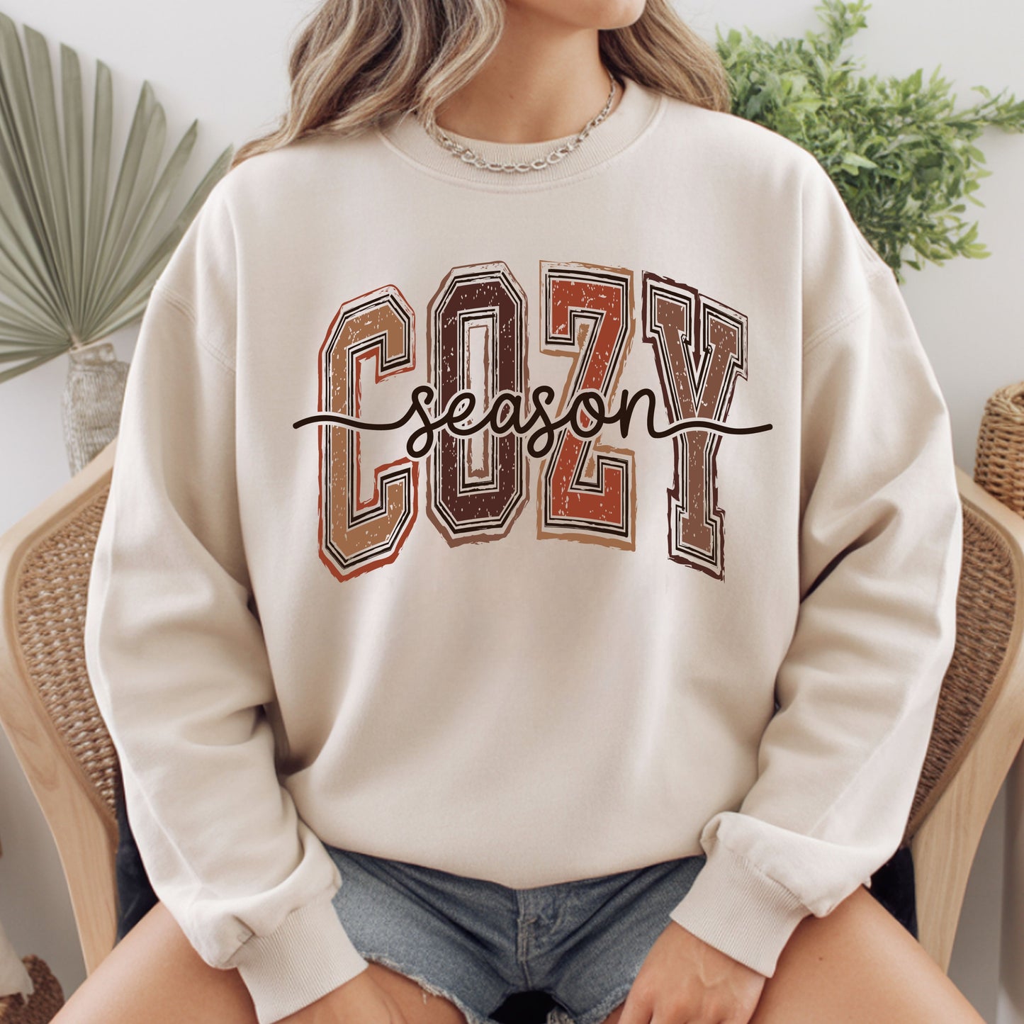 Cozy Season Fall T-Shirt, Distressed Varsity Letters Autumn Neutral Tones Tee