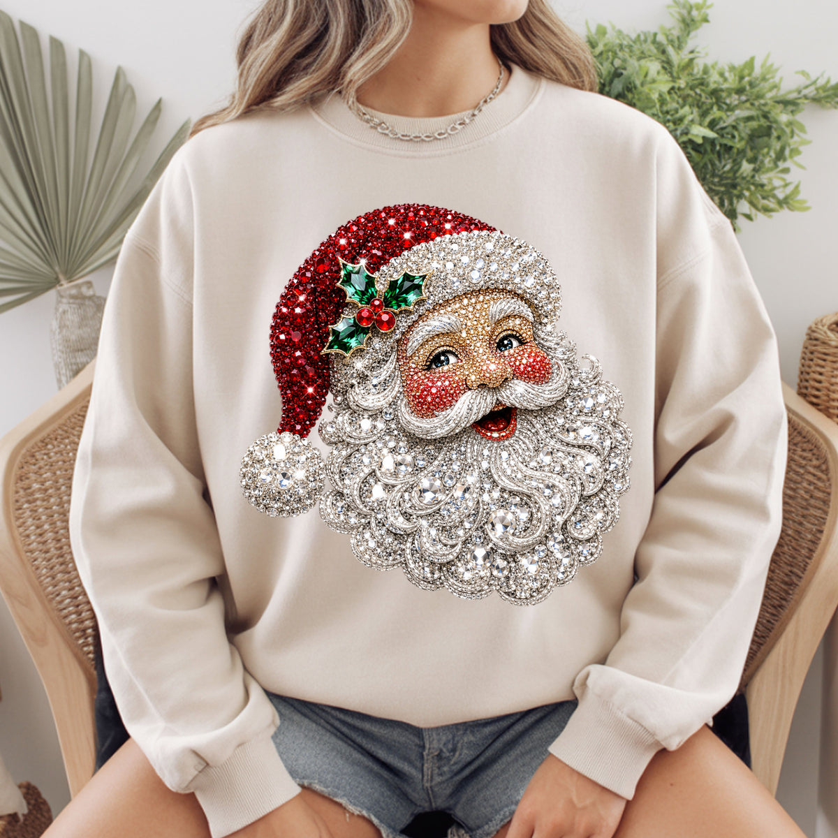 Christmas Santa Claus Vintage T-Shirt, Bejeweled Rhinestone Santa Head Festive Holiday Tee