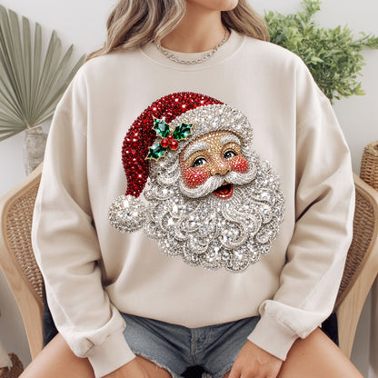 Christmas Santa Claus Vintage T-Shirt, Bejeweled Rhinestone Santa Head Festive Holiday Tee