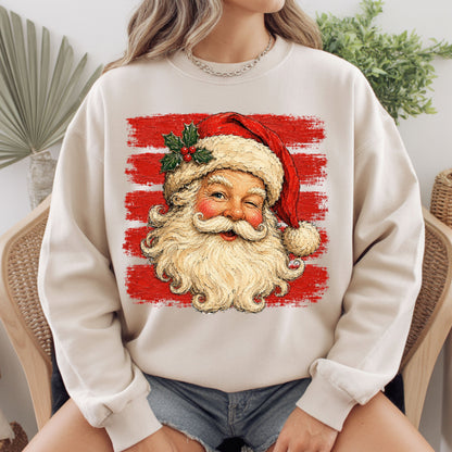 Vintage Winking Santa Christmas T-Shirt, Retro Red Stripes Nostalgic Holiday Comfort Color Tee