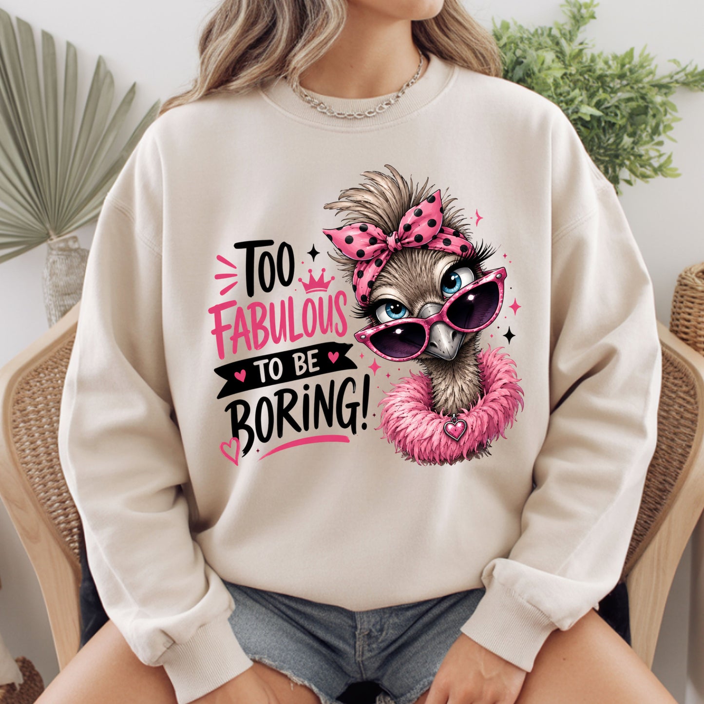Funny Ostrich Too Fabulous to Be Boring T-Shirt, Sassy Emu Pink Bow Sunglasses Feather Boa Tee
