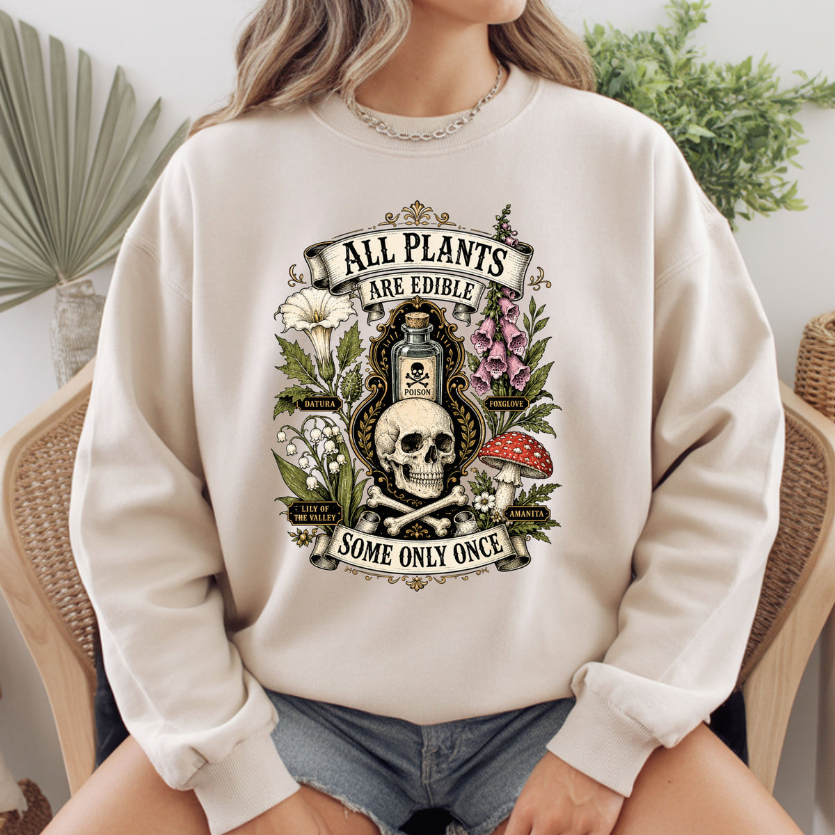 Funny Botanical All Plants Are Edible T-Shirt, Poisonous Mushroom Skull Vintage Tee