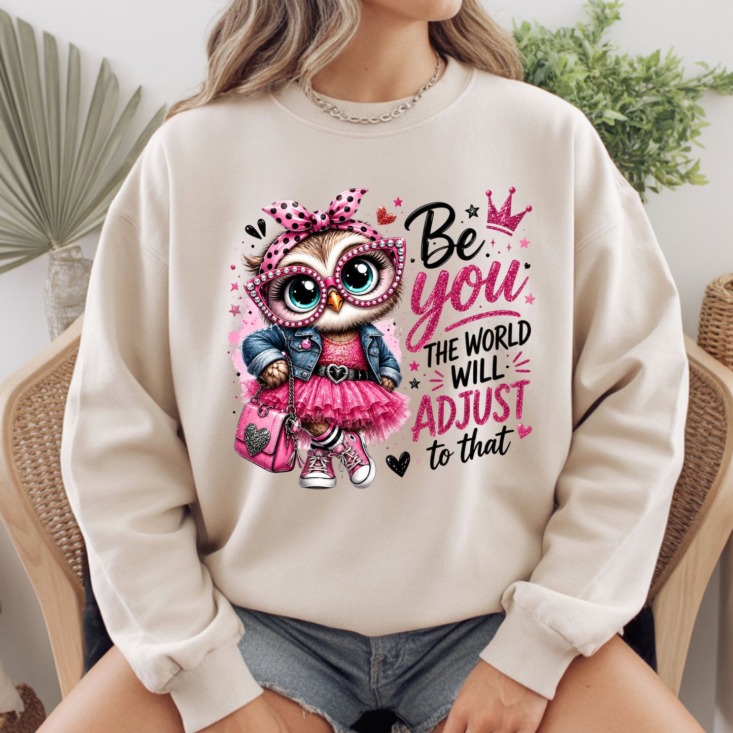 Inspirational Owl Be You T-Shirt, Pink Glasses Crown World Will Adjust Quote Tee