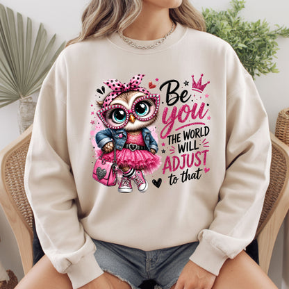 Inspirational Owl Be You T-Shirt, Pink Glasses Crown World Will Adjust Quote Tee
