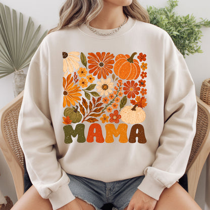Mama Fall Floral Pumpkins T-Shirt, Retro Groovy Autumn Flowers Thanksgiving Comfort Color Tee