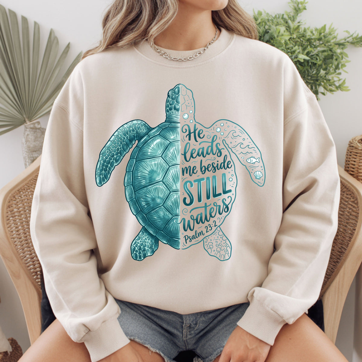 Christian Sea Turtle Psalm 23 T-Shirt, He Leads Me Beside Still Waters Faith Tee