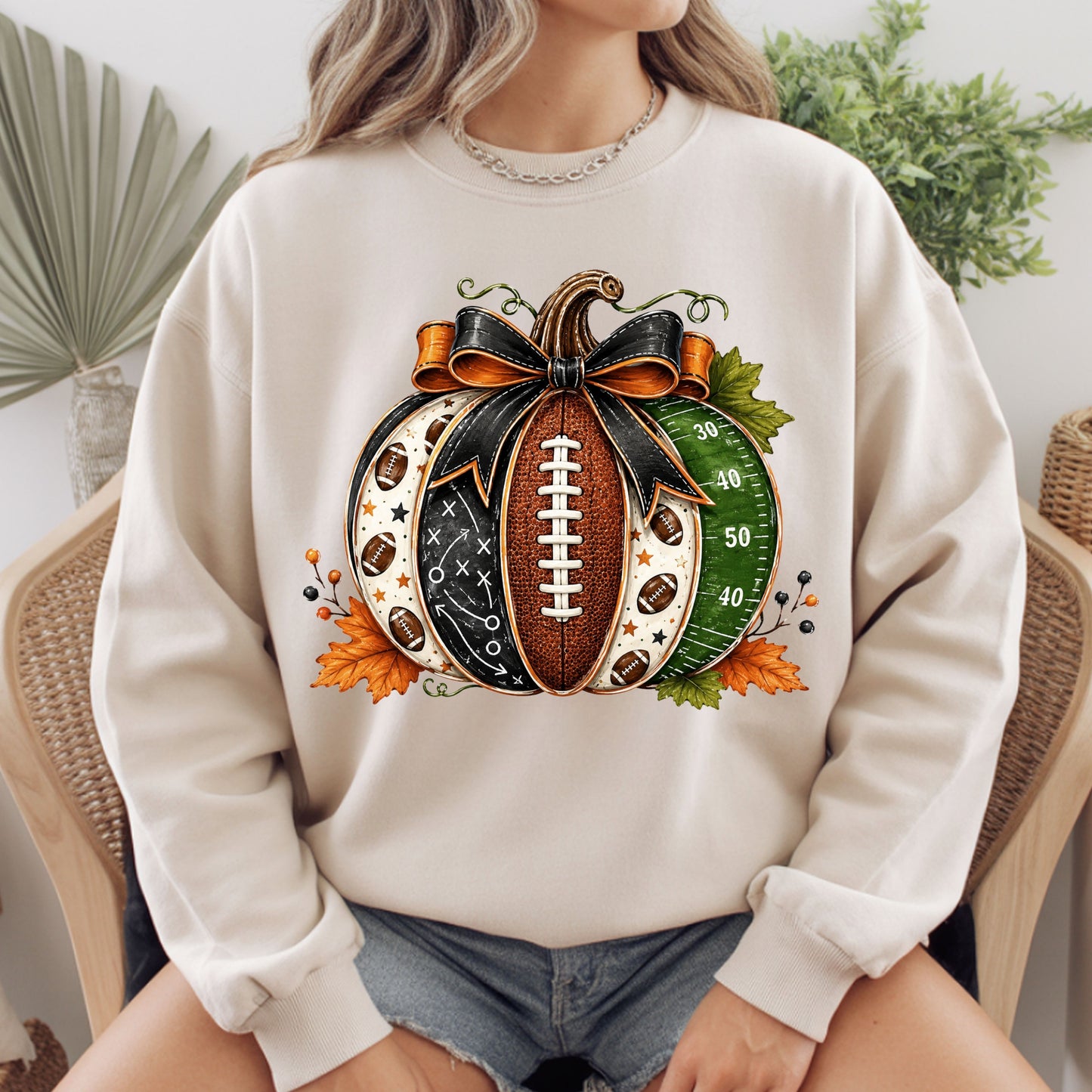 Football Pumpkin Bow Fall T-Shirt, Game Day Football Field Patchwork Autumn Tee