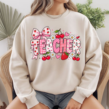Teacher Coquette Pink T-Shirt, Strawberries Cherries Bow School Educator Tee