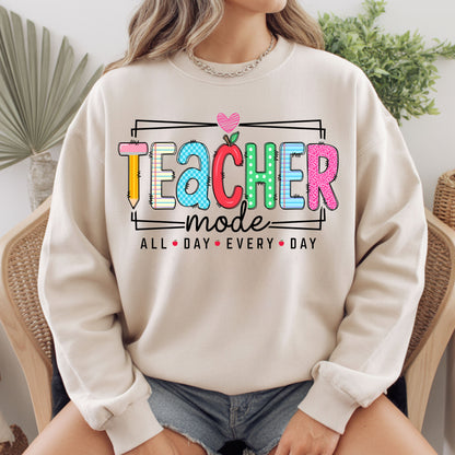 Teacher Mode All Day Every Day T-Shirt, Pencil Apple Back to School Teacher Tee