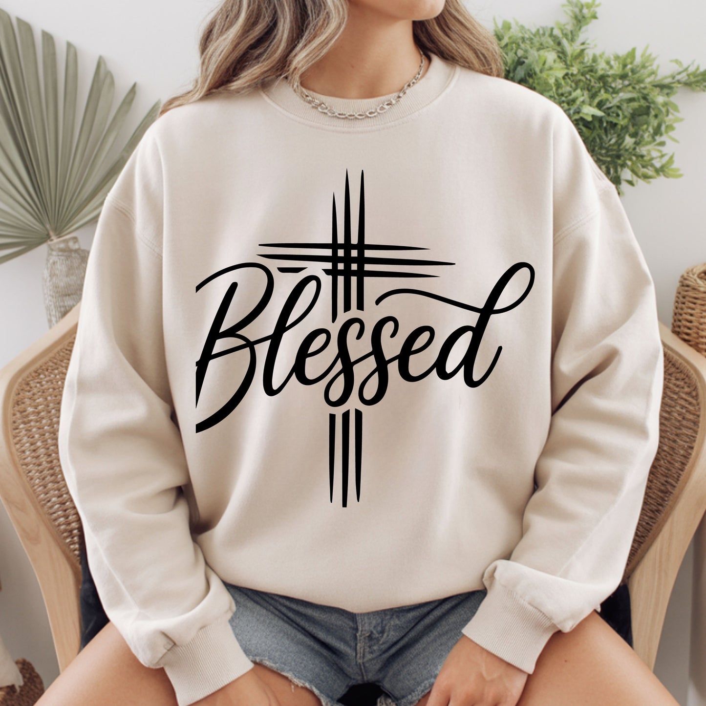 Blessed Cross Christian T-Shirt, Script Cursive Faith Minimalist Religious Tee Sweatshirt