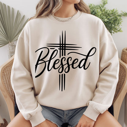 Blessed Cross Christian T-Shirt, Script Cursive Faith Minimalist Religious Tee Sweatshirt