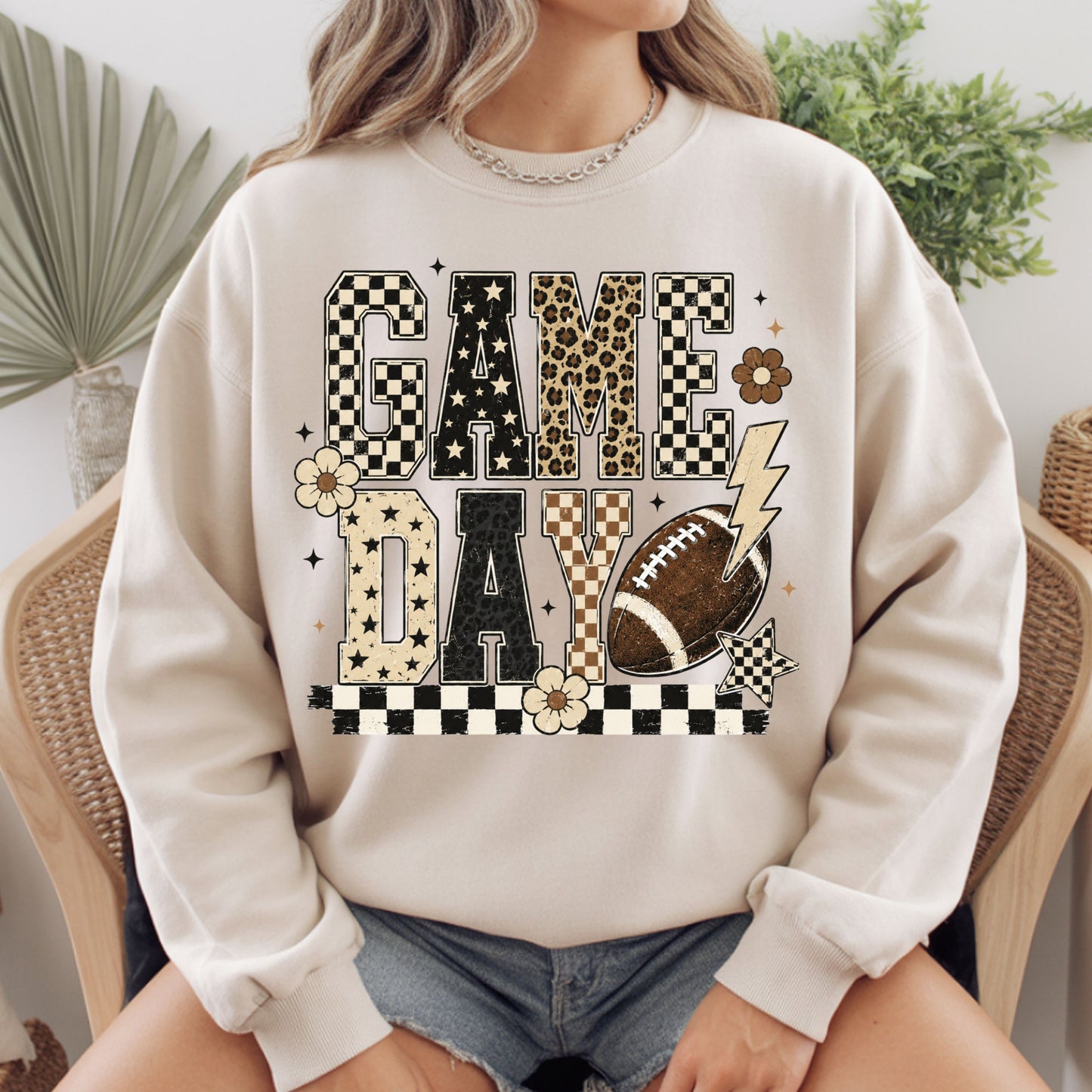 Game Day Leopard Football T-Shirt, Checkered Lightning Bolt Retro Western Tee Sweatshirt