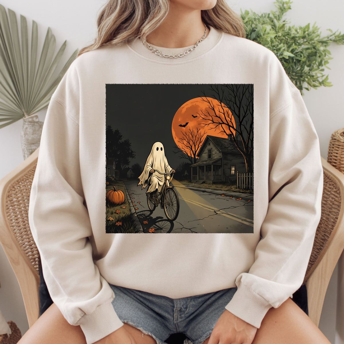 Ghost Riding Bike Halloween T-Shirt, Haunted House Orange Harvest Moon Tee Sweatshirt