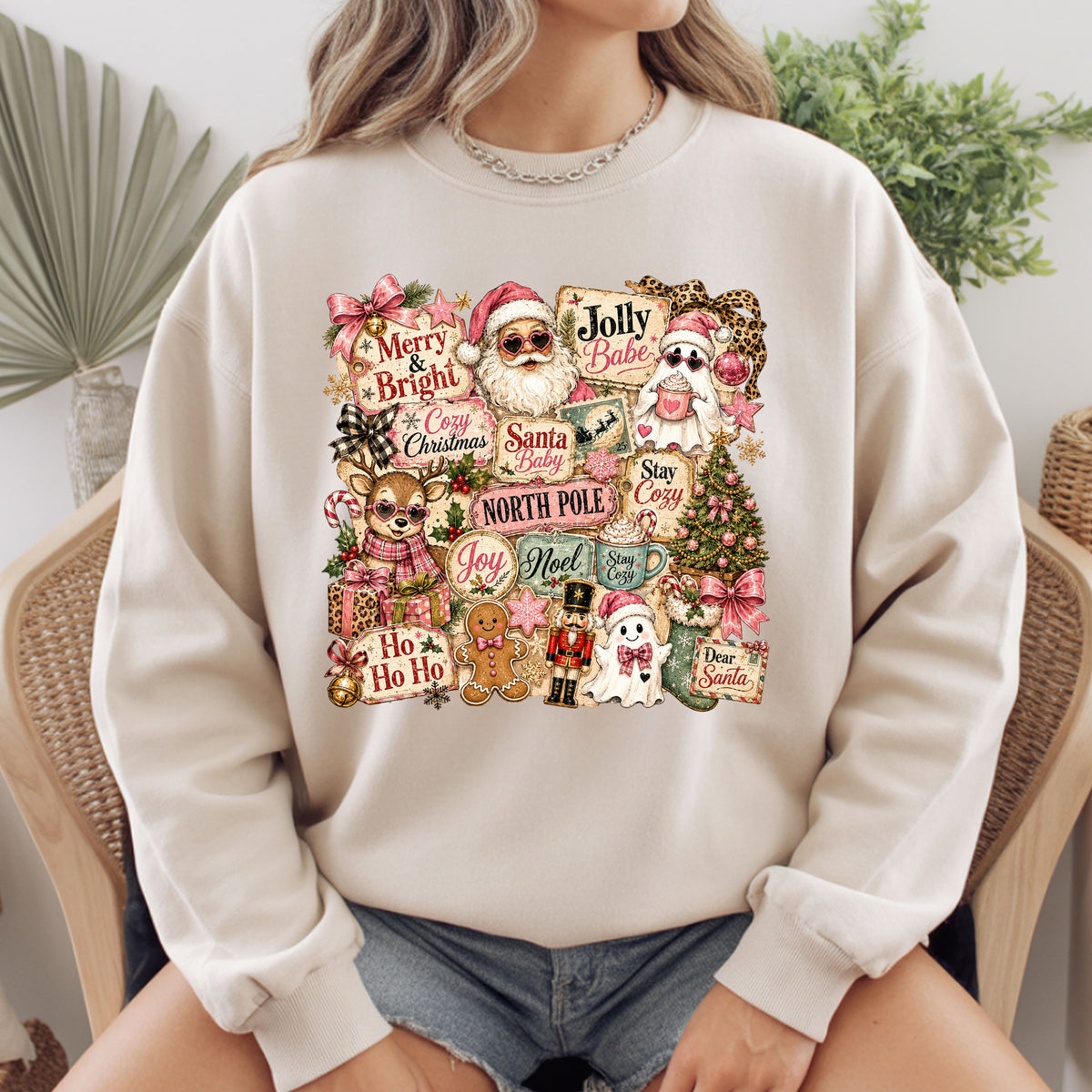 Cozy Pink Christmas Collage T-Shirt, Santa Reindeer Gingerbread Nutcracker North Pole Holiday Tee