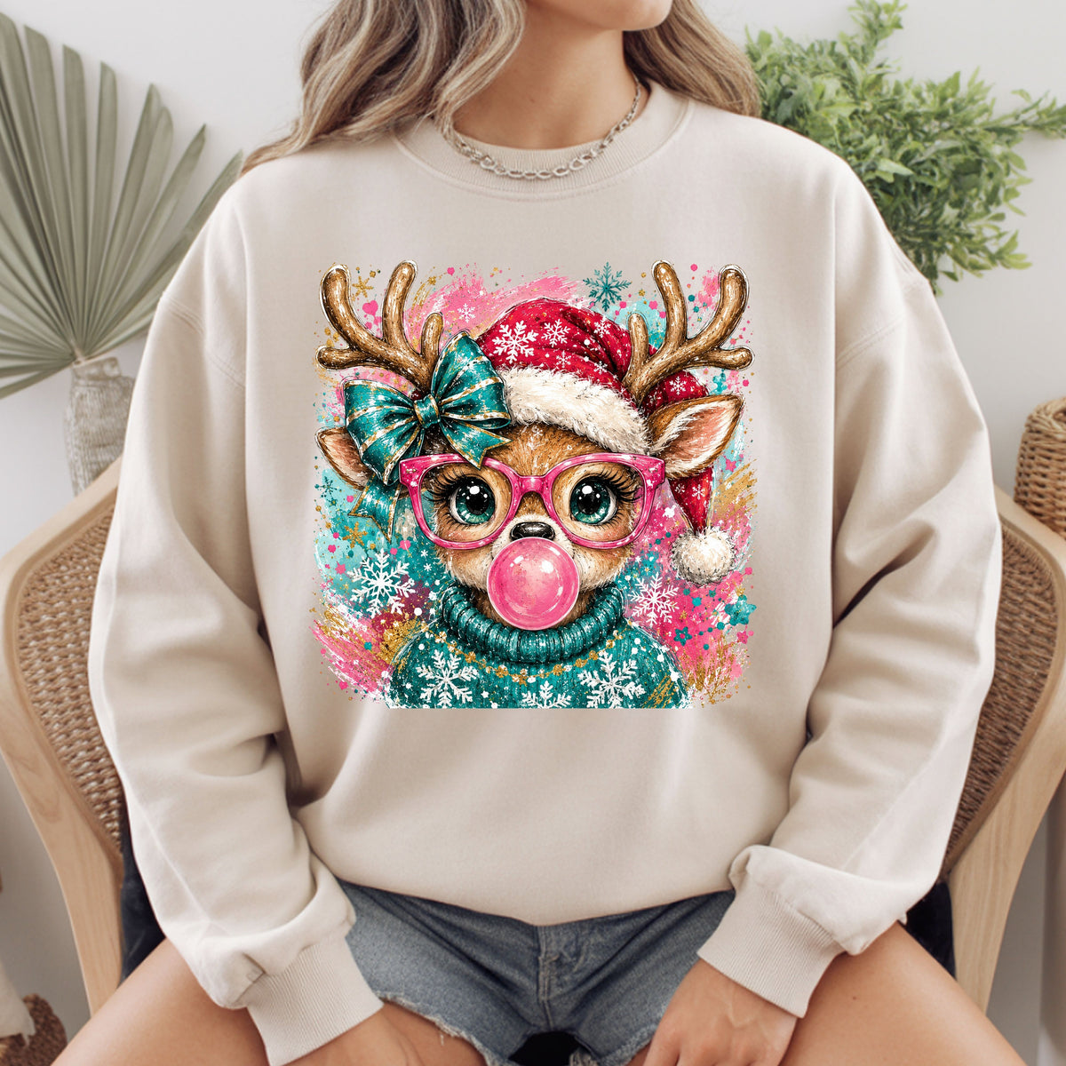 Christmas Reindeer Pink Glasses T-Shirt, Bubblegum Deer Santa Hat Cute Comfort Color Tee