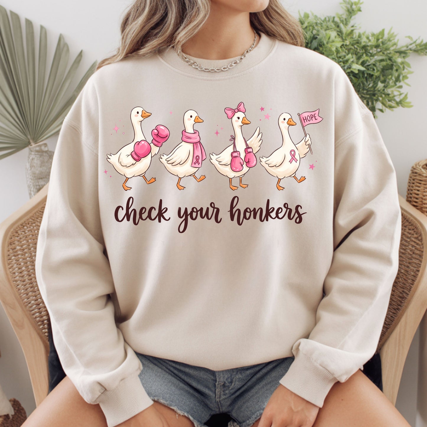 Check Your Honkers Ducks Breast Cancer Awareness T-Shirt, Pink Ribbon Boxing Gloves Geese Tee