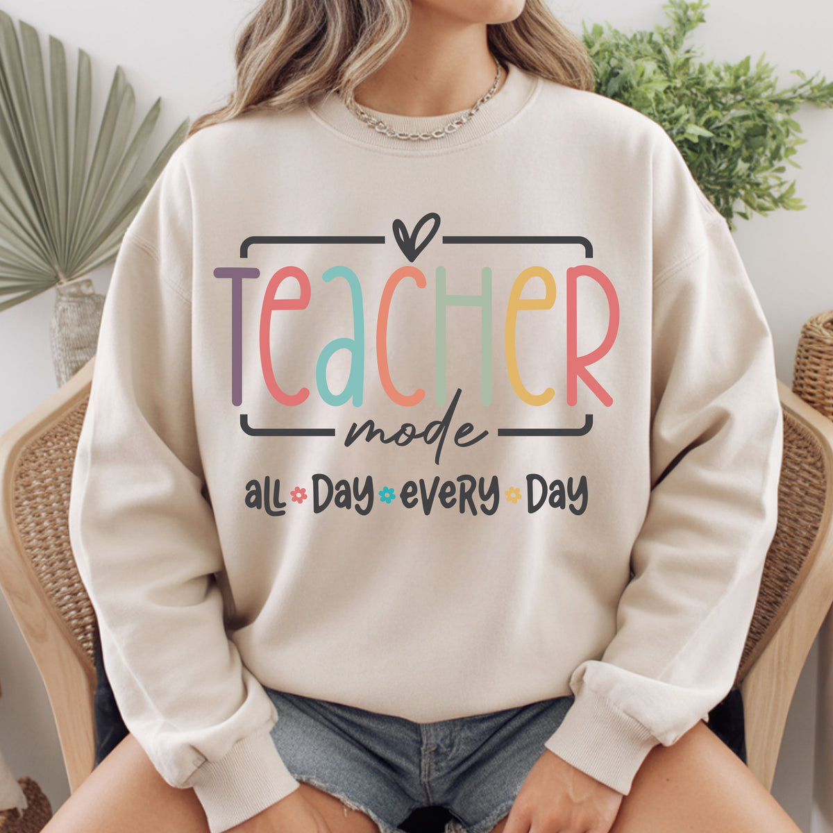 Teacher Mode All Day T-Shirt, Pastel Rainbow School Education Teacher Tee Sweatshirt
