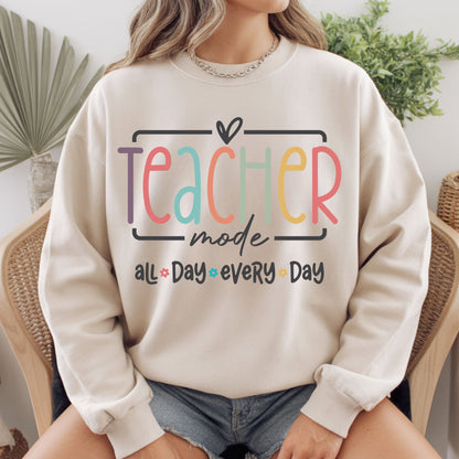 Teacher Mode All Day T-Shirt, Pastel Rainbow School Education Teacher Tee Sweatshirt