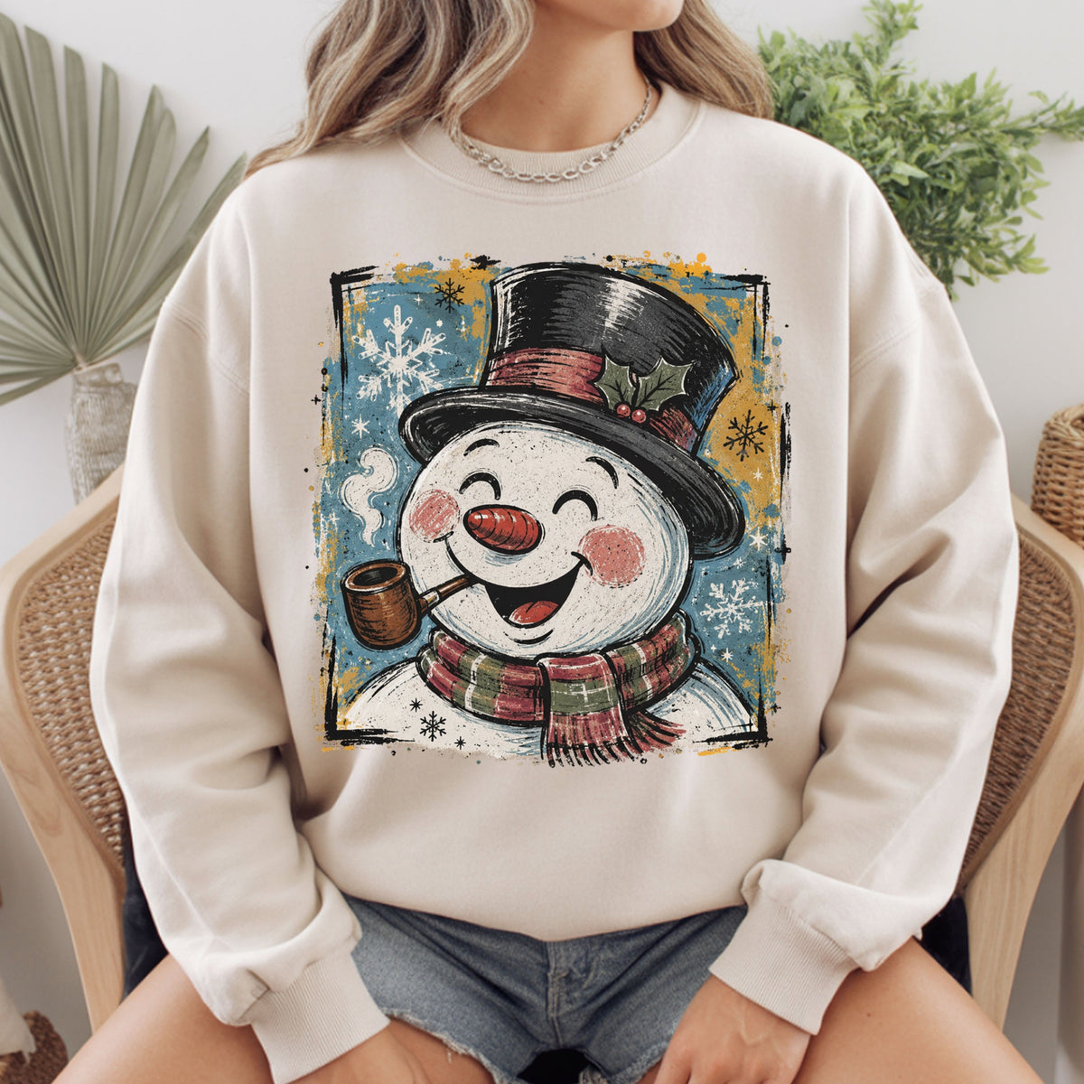 Vintage Snowman Christmas T-Shirt, Top Hat Pipe Snowflakes Scarf Comfort Color Tee