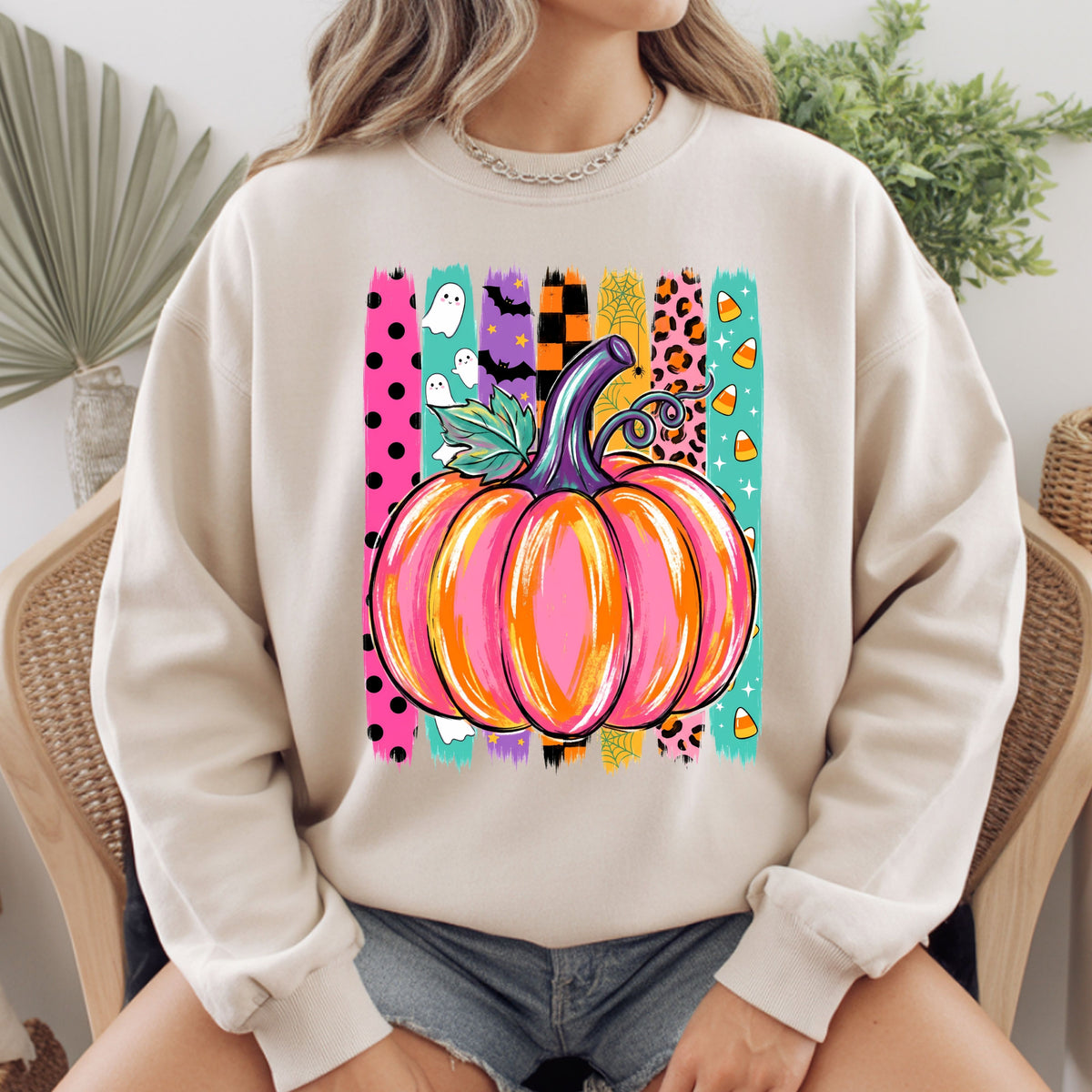 Halloween Pumpkin Brush Strokes Leopard Ghosts Candy Corn T-Shirt, Spooky Season Tee