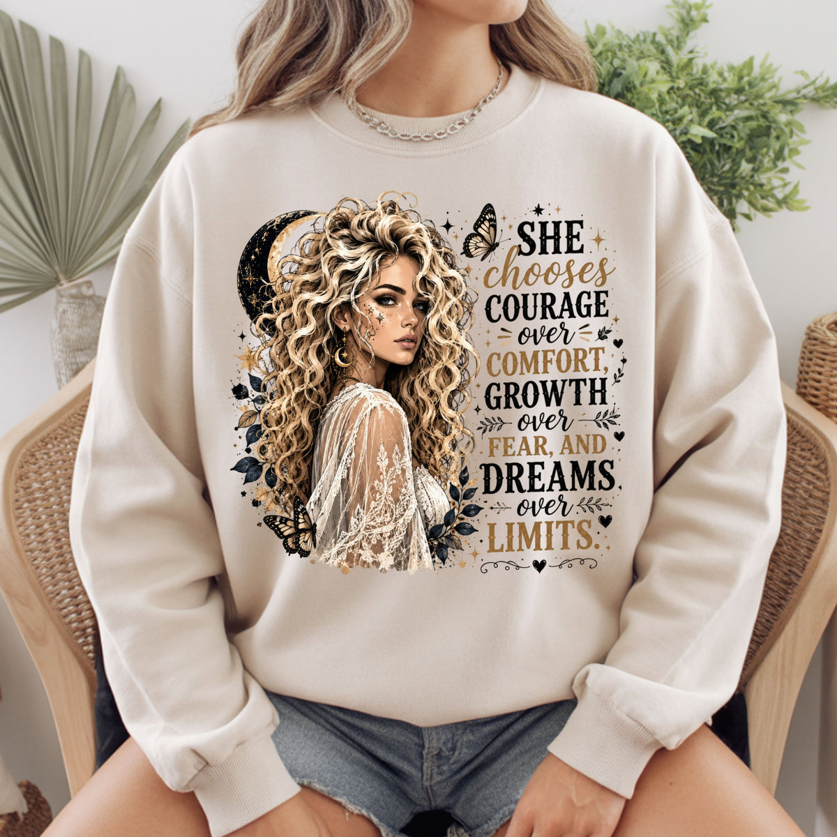She Chooses Courage Inspirational T-Shirt, Blonde Woman Butterfly Crescent Moon Tee Sweatshirt