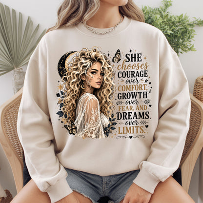 She Chooses Courage Inspirational T-Shirt, Blonde Woman Butterfly Crescent Moon Tee Sweatshirt