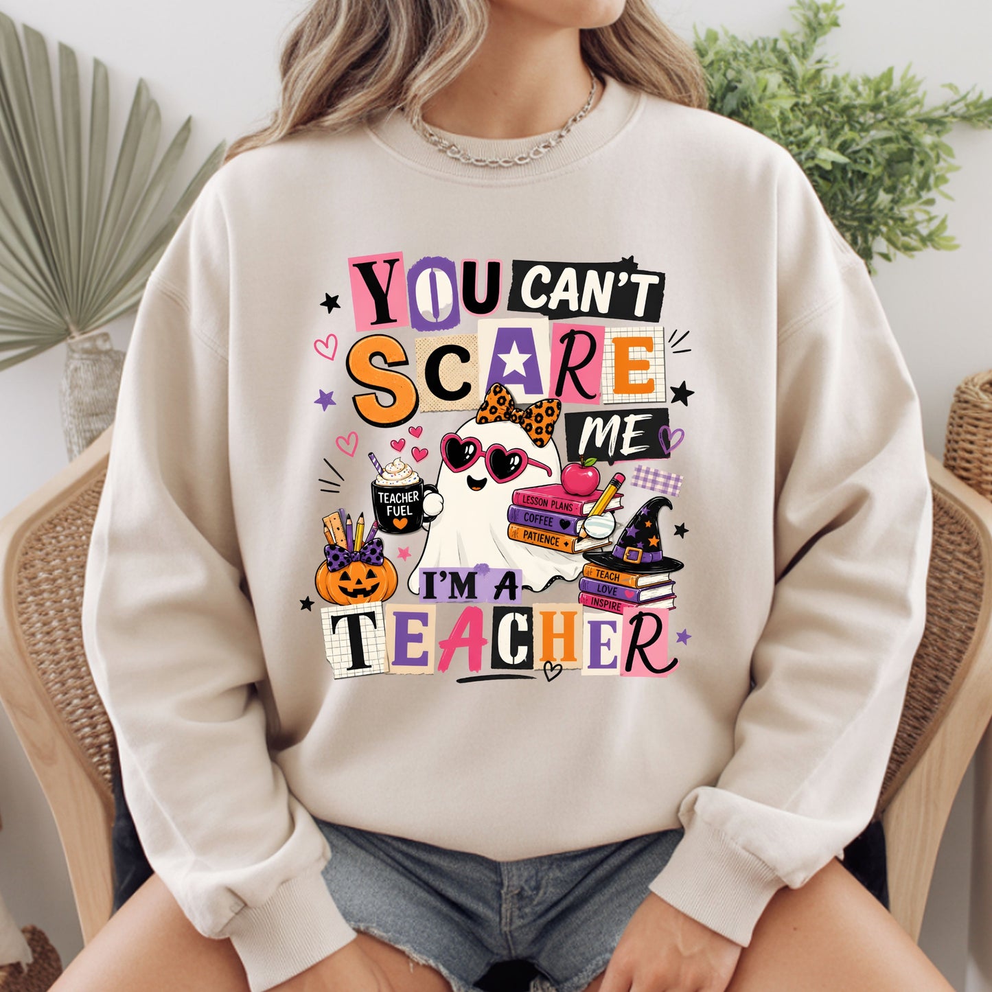 You Can't Scare Me Teacher Halloween T-Shirt, Ghost Books Coffee Comfort Color Tee